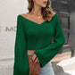 Cropped V-Neck Flare Sleeve Knit Top