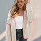 Double Take Contrast Open Front Dropped Shoulder Cardigan