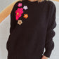 Crochet Flower Round Neck Dropped Shoulder Sweater