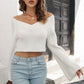 Cropped V-Neck Flare Sleeve Knit Top