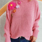 Crochet Flower Round Neck Dropped Shoulder Sweater