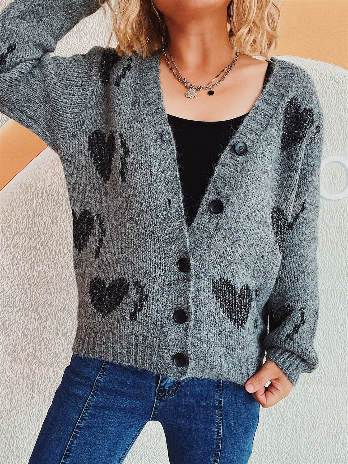 Heart Button Up Long Sleeve Cardigan