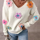 Crochet Flower V-Neck Long Sleeve Sweater