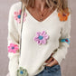 Crochet Flower V-Neck Long Sleeve Sweater