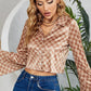 Checkered Johnny Collar Flare Sleeve Cropped Shirt