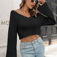 Cropped V-Neck Flare Sleeve Knit Top