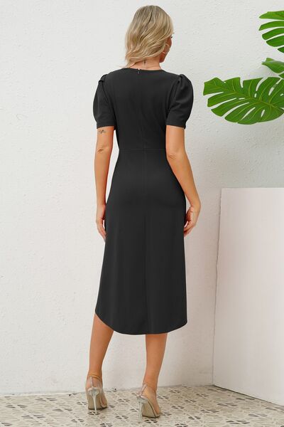 Slit Ruched Round Neck Puff Sleeve Dress